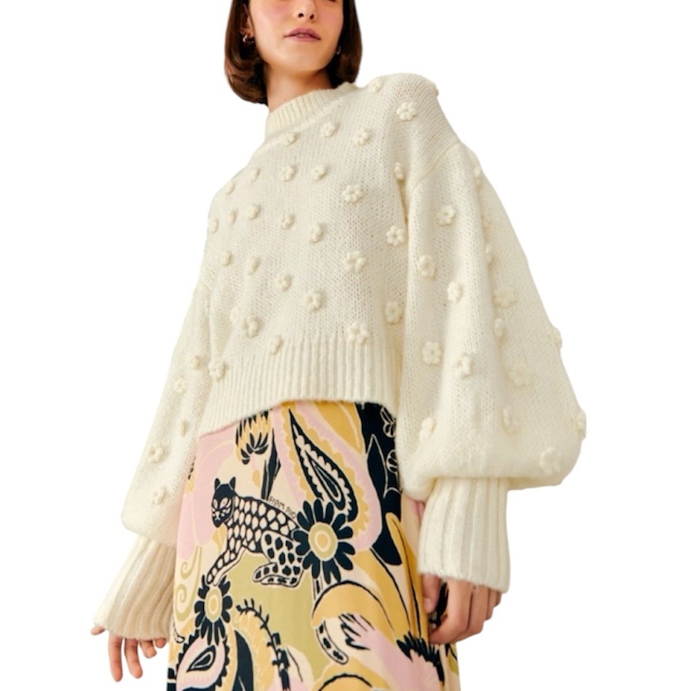 Farm Rio Handmade Flowers Sweater Floral Applique Puff Sleeves Knit size M
